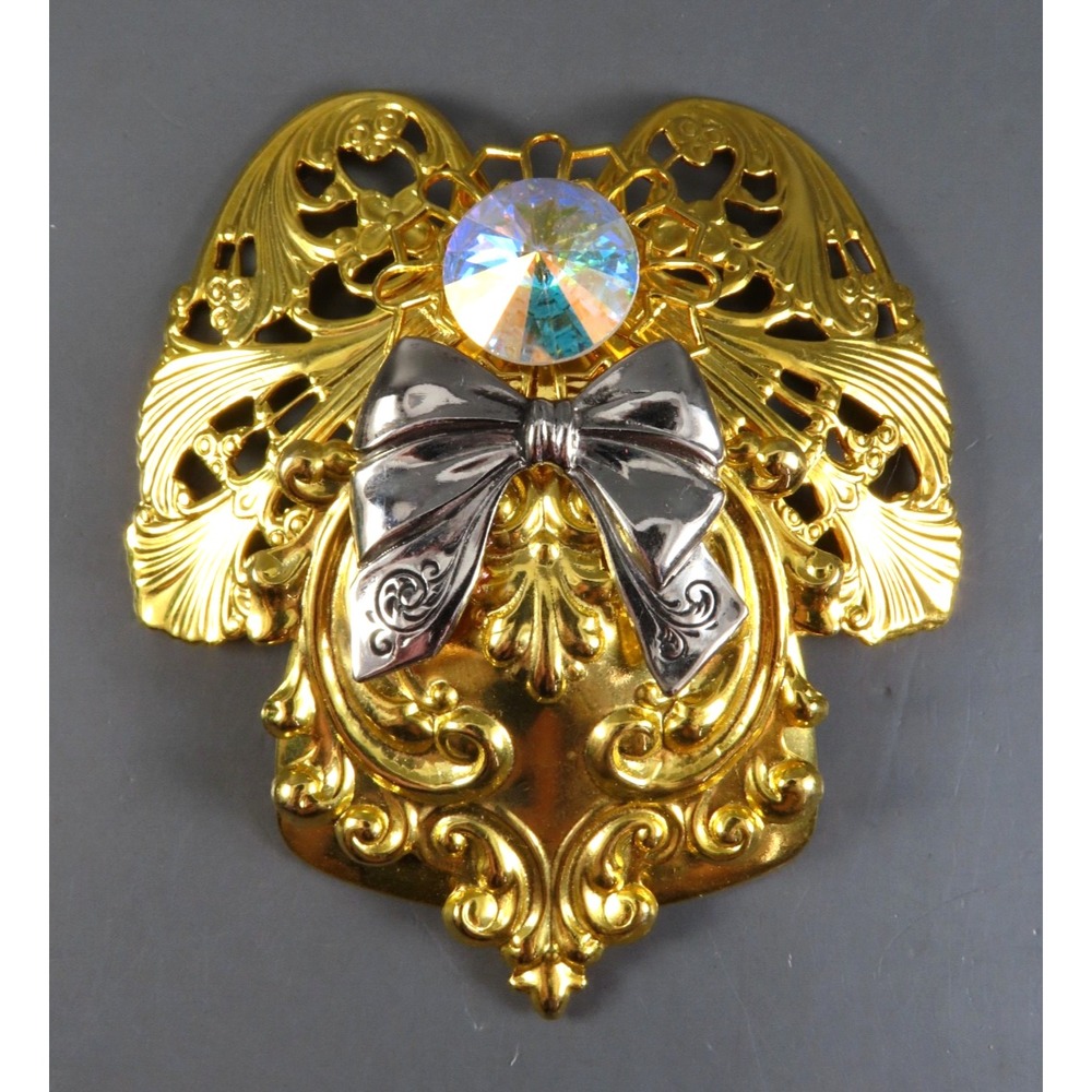 VTG BIG GOLD ANGEL BROOCH PIN Signed Jane CLEAR AB RIVOLI RHINESTONE Silver Bow